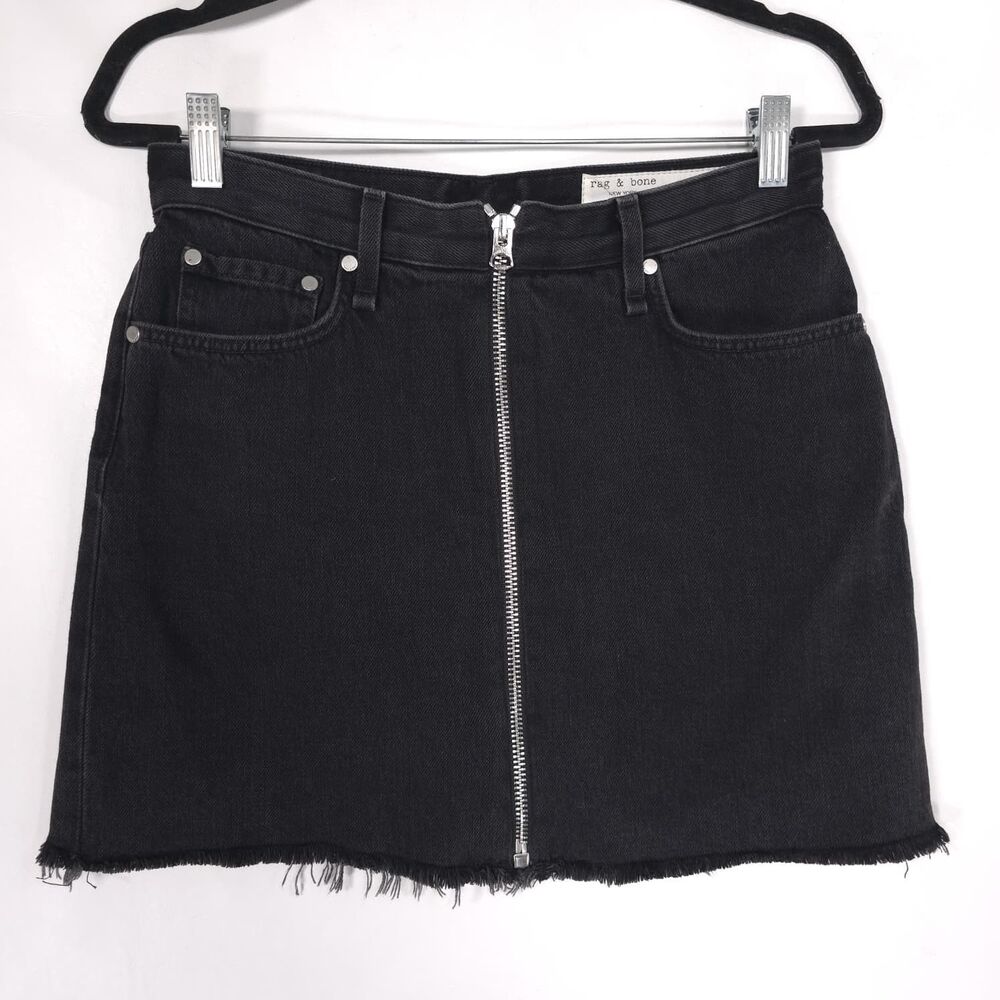 RAG & BONE Women's Mini Denim Skirt 27 Black Zip Front Raw Hem Cotton USA Made‎